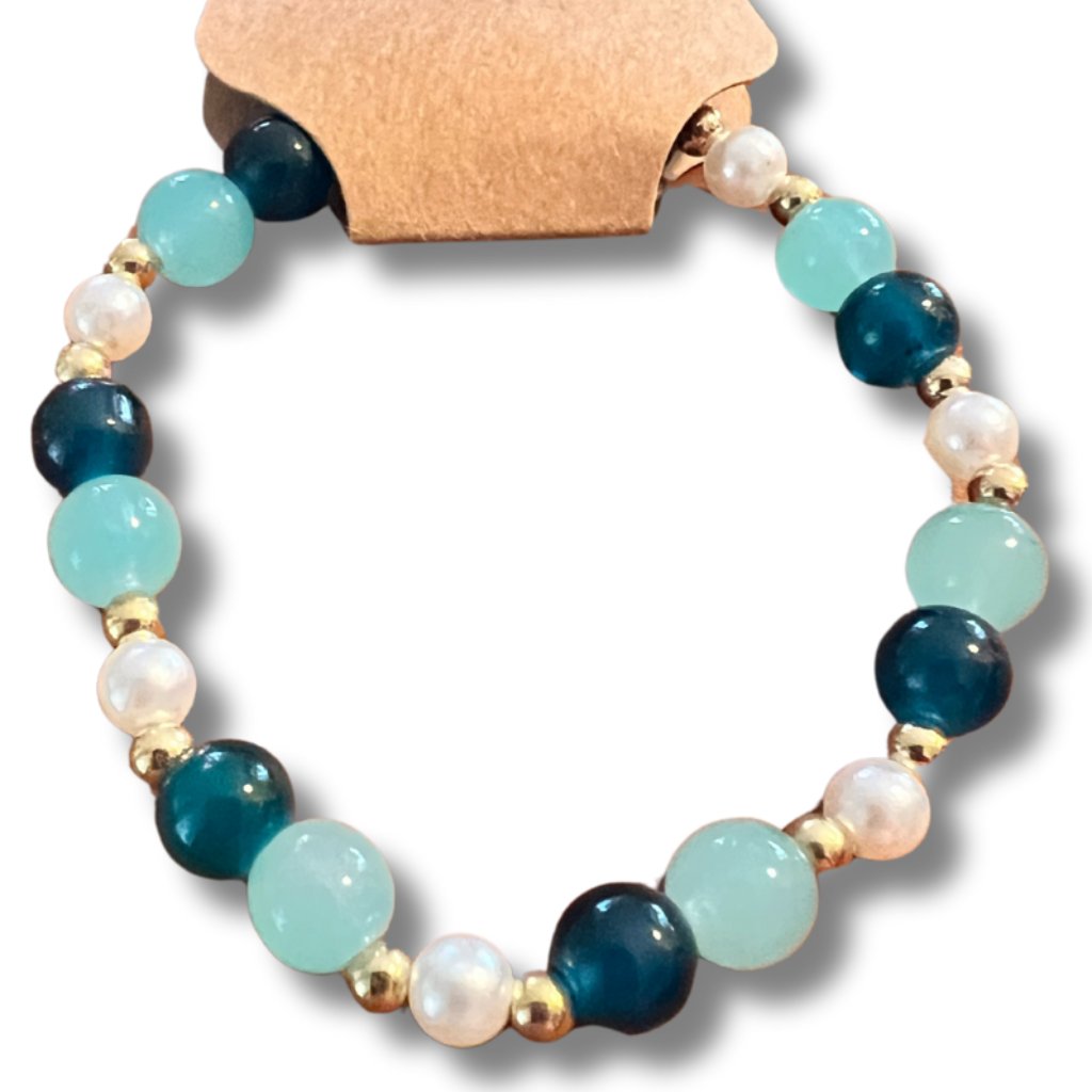 Blue Green Glass Beaded Stretchy Bracelet W/ Pearl White And Gold Tone Accents